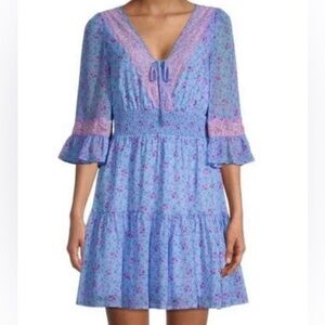 Betsy Johnson Blue Floral Lace-Trim Mini  Dress.Romantic,Sundress,Y2K,Size Large
